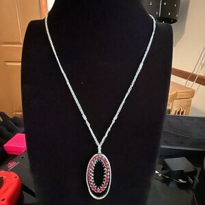 Silver and Red Oval Pendant Necklace